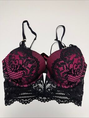 NWT La Senza Beyond Sexy Classic Plunge Black Lace Overlay Push-Up Bra 34DD